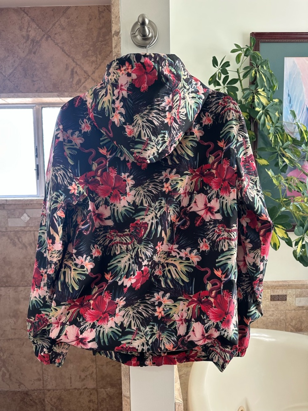 Paisley & Gray Black Hoodie Windbreaker Rain Jacket with Tropical Island Print - Picture 10 of 11